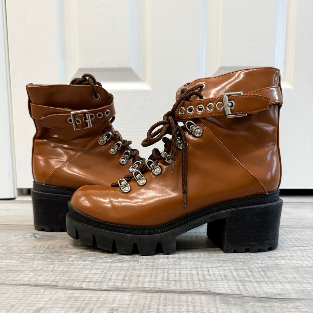 Orange brown Jeffrey Campbell Czech chunky heeled combat boots